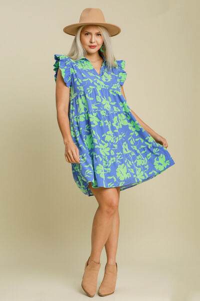 Umgee Full Size Floral Print Ruffle Cap Sleeve Tiered Dress Plus Size - Hovatok