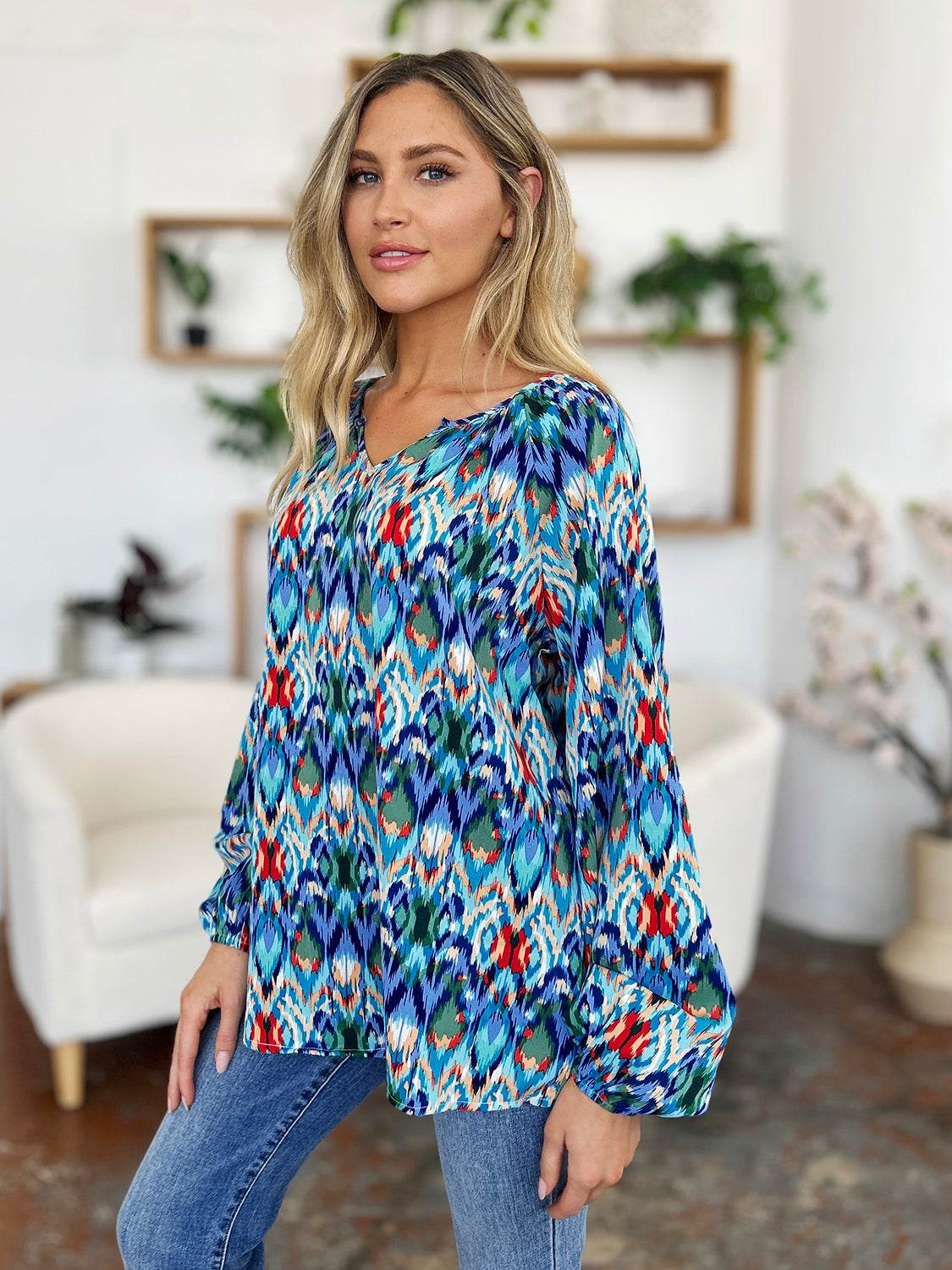 Double Take Full Size Printed Balloon Sleeve Blouse - Hovatok