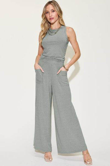 Basic Bae Full Size Ribbed Tank and Wide Leg Pants Set - Hovatok