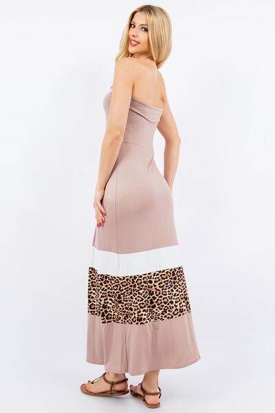 Celeste Full Size Leopard Color Block Tube Maxi Dress Plus Size - Hovatok