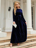 Tie Front Round Neck Long Sleeve Maxi Dress - Hovatok