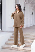 Drawstring Flounce Sleeve Shirt and Pants Set - Hovatok
