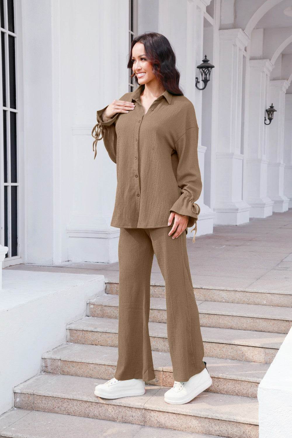 Drawstring Flounce Sleeve Shirt and Pants Set - Hovatok