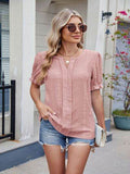 Eyelet Notched Short Sleeve Top - Hovatok