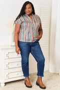 Shiny Multicolored Stripe Notched Neck Top - Hovatok
