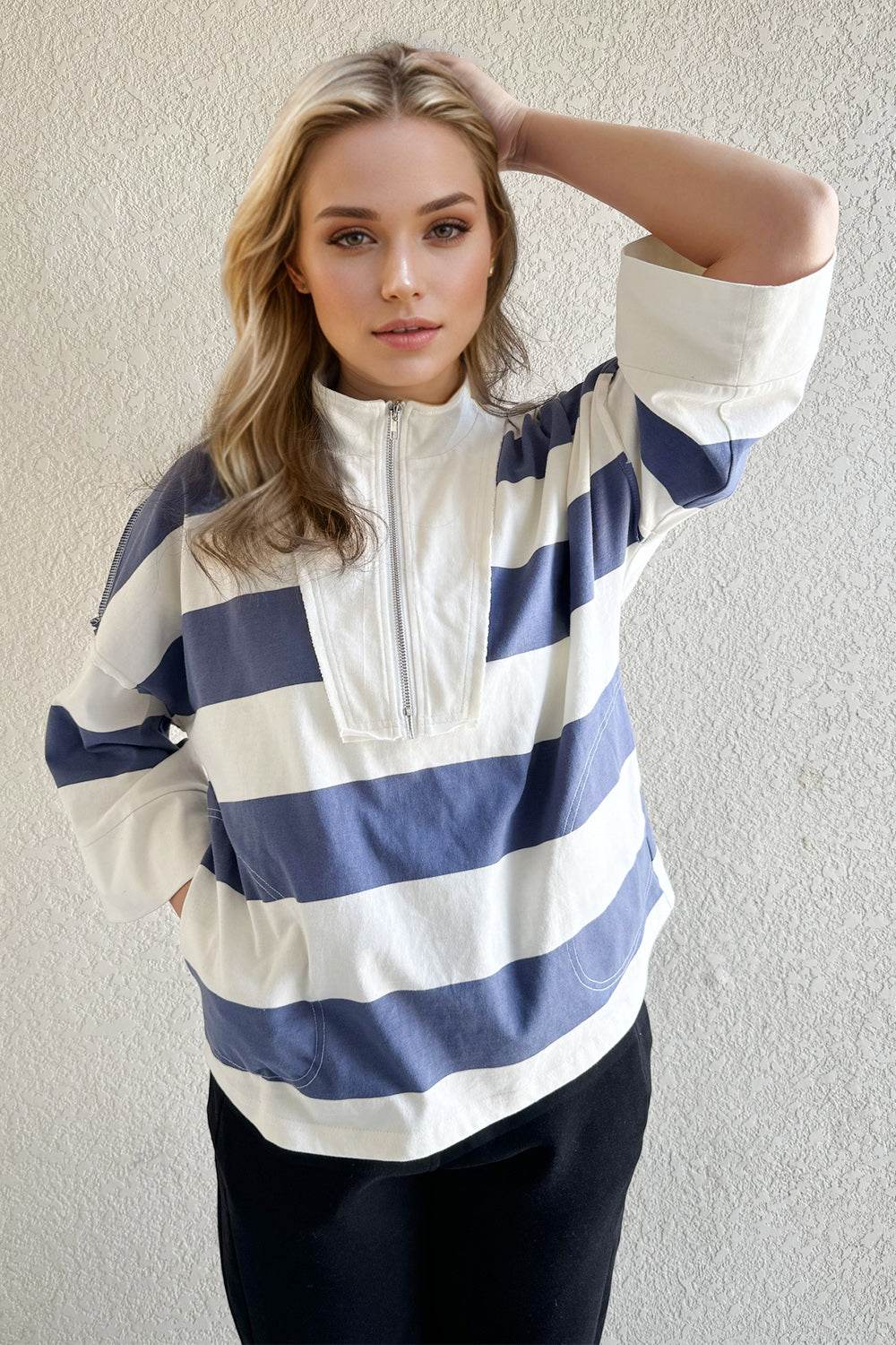 Oh Pima Cotton Wash Striped Half Zip Mock Neck Long Sleeve Top - Hovatok