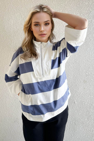 Oh Pima Cotton Wash Striped Half Zip Mock Neck Long Sleeve Top - Hovatok