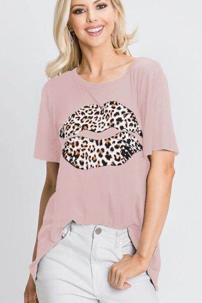 Heimish Full Size Leopard Lip Round Neck Short Sleeve T-Shirt Plus Size - Hovatok