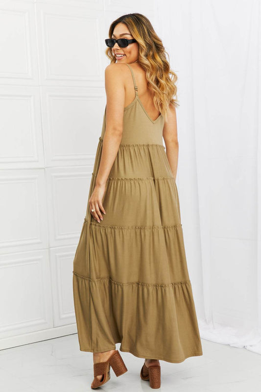 Zenana Full Size Spaghetti Strap Tiered Dress with Pockets in Khaki - Hovatok