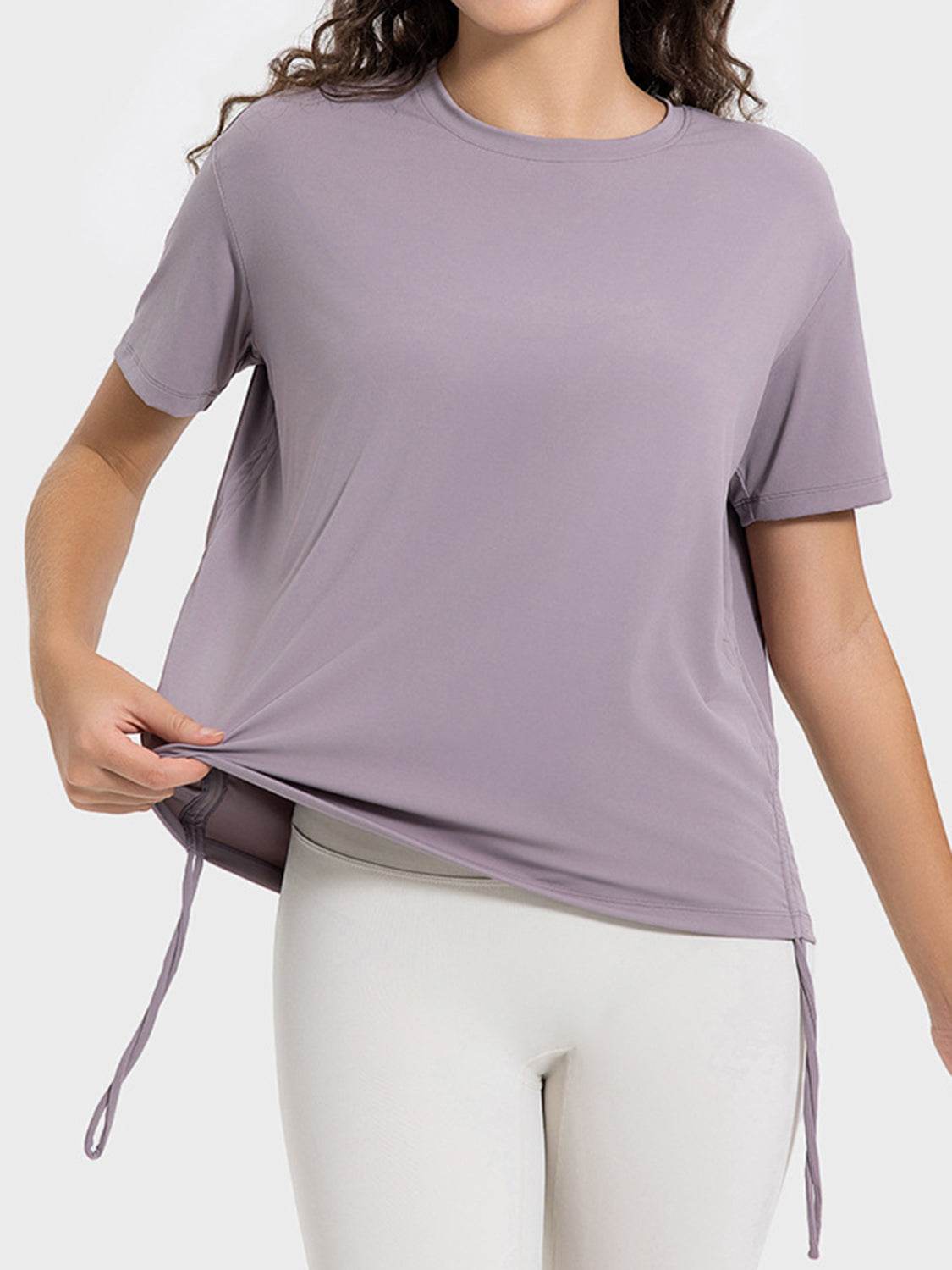 Millennia Drawstring Round Neck Short Sleeve Active T-Shirt - Hovatok