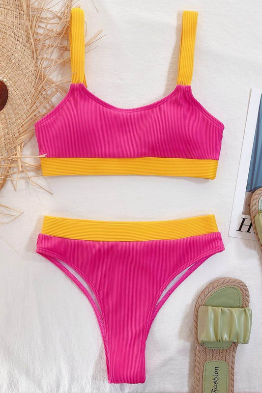 Color Block Scoop Neck Bikini Set - Hovatok