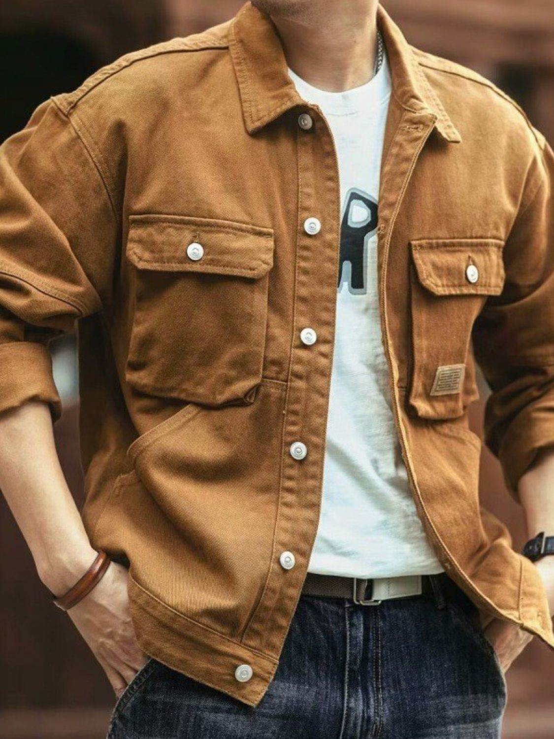 Men's Washed Collared Neck Cargo Jacket - Hovatok