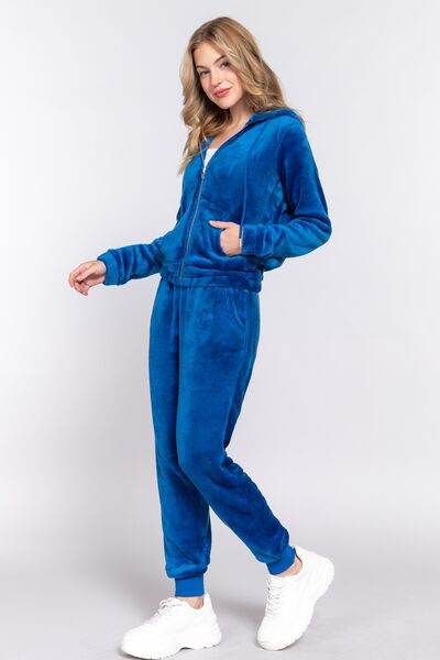 ACTIVE BASIC Faux Fur Zip Up Long Sleeve Hoodie and Joggers Set - Hovatok