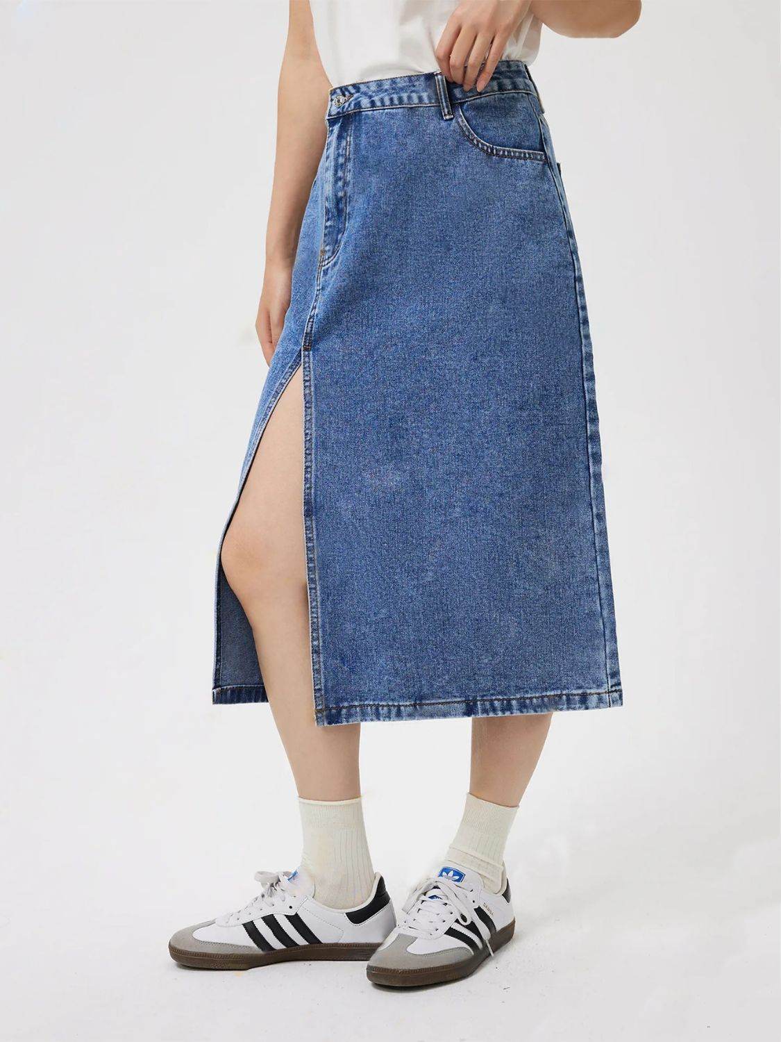 Slit Midi Denim Skirt with Pockets - Hovatok
