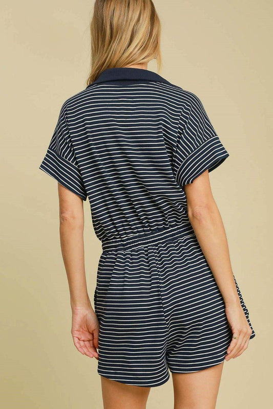 Umgee Full Size Half Zip Striped Romper Plus Size - Hovatok