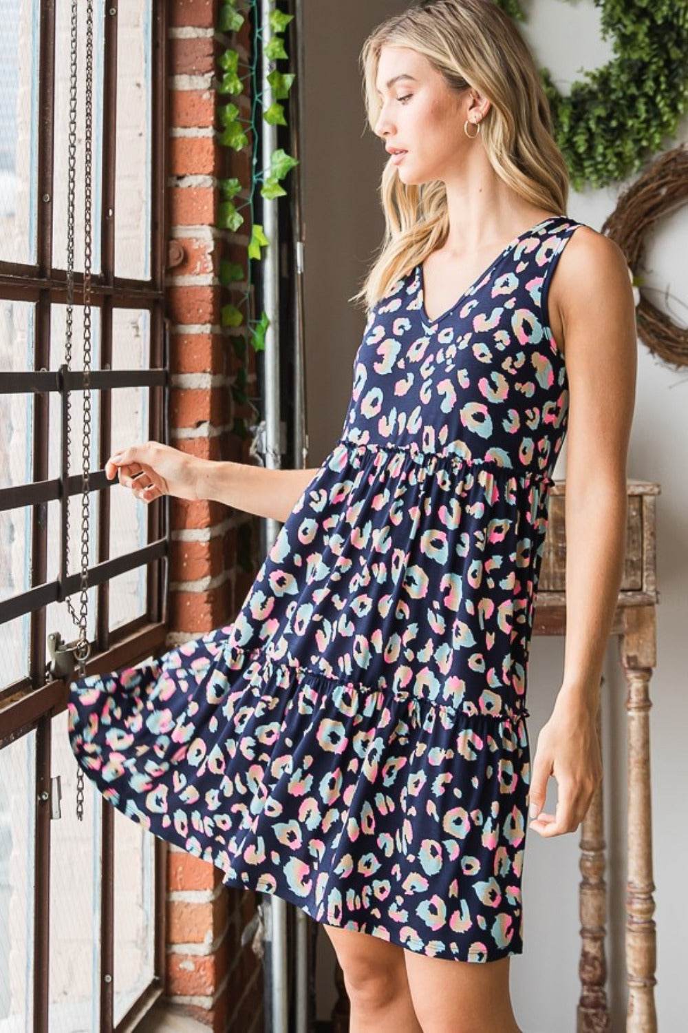 Heimish Full Size Leopard V-Neck Ruffled Tank Dress - Hovatok