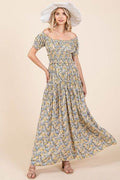Mittoshop Flower Print Puff Sleeve Gathered Maxi Dress - Hovatok