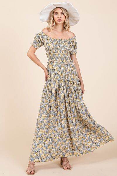 Mittoshop Flower Print Puff Sleeve Gathered Maxi Dress - Hovatok