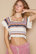 POL Openwork Ethnic Pattern Square Neck Cropped Knit Top - Hovatok