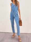 V-Neck Sleeveless Denim Jumpsuit - Hovatok