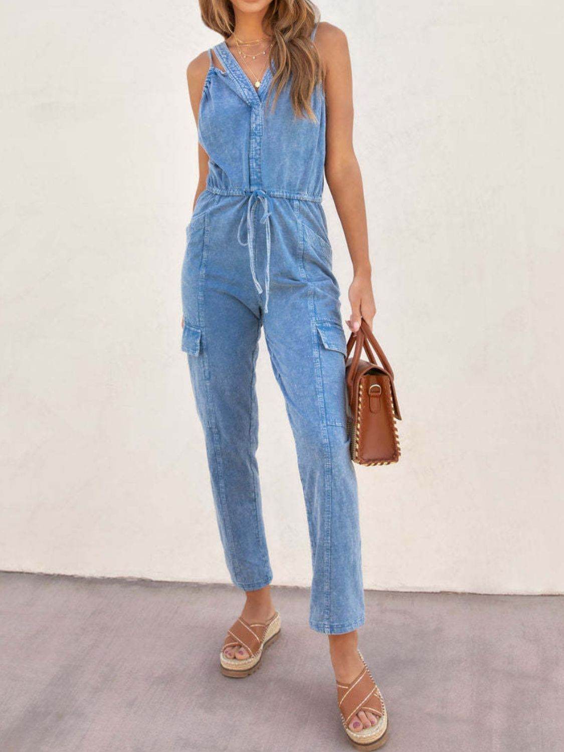 V-Neck Sleeveless Denim Jumpsuit - Hovatok