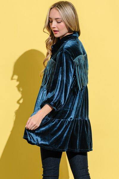 And The Why Fringe Detailed Velvet Shirt Dress - Hovatok