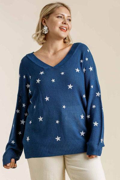Umgee Full Size Star V-Neck Long Sleeve Sweater Plus Size - Hovatok