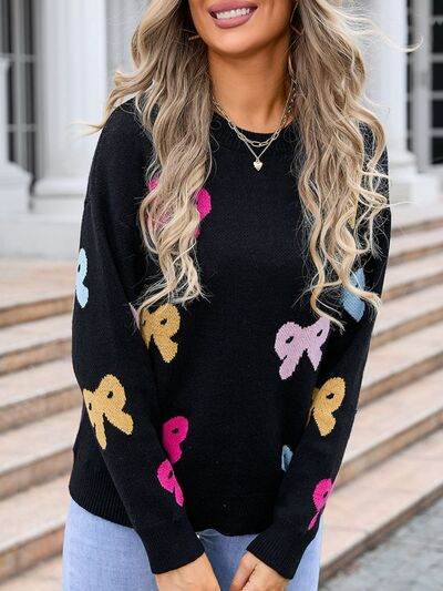 Angel Wings Bow Graphic Round Neck Long Sleeve Sweater - Hovatok