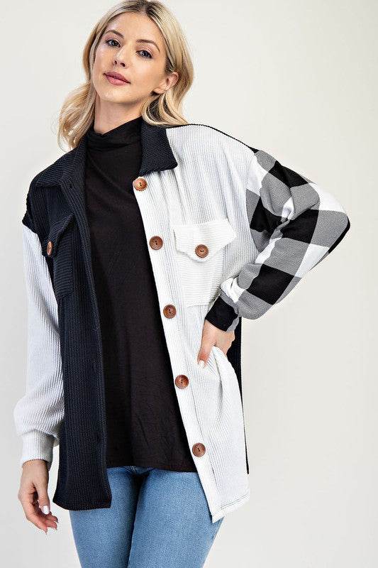 Celeste Full Size Plaid Contrast Button Up Shacket - Hovatok