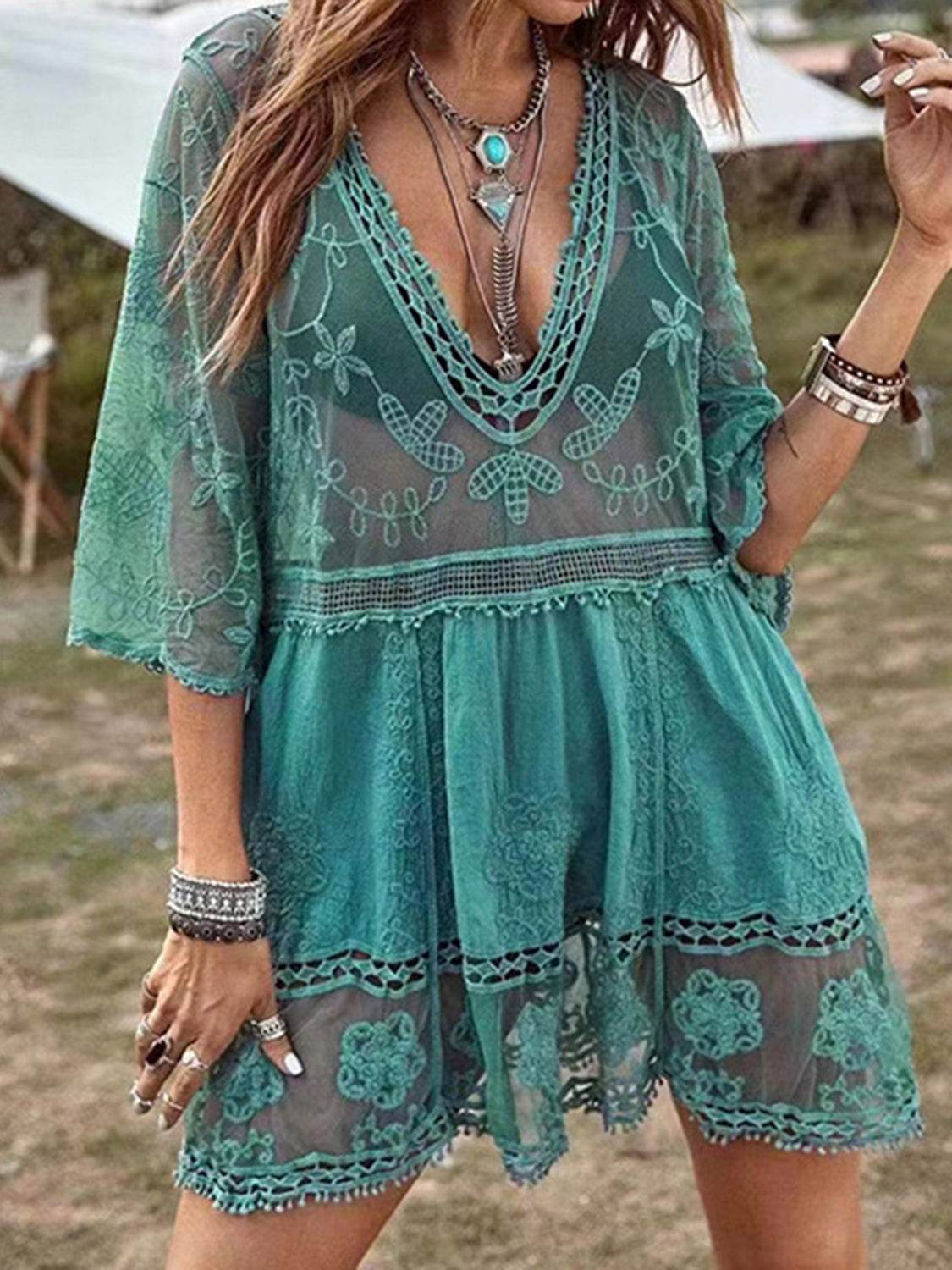 Lace Detail Plunge Cover-Up Dress - Hovatok