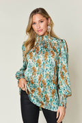 Double Take Full Size Printed Smocked Long Sleeve Blouse - Hovatok