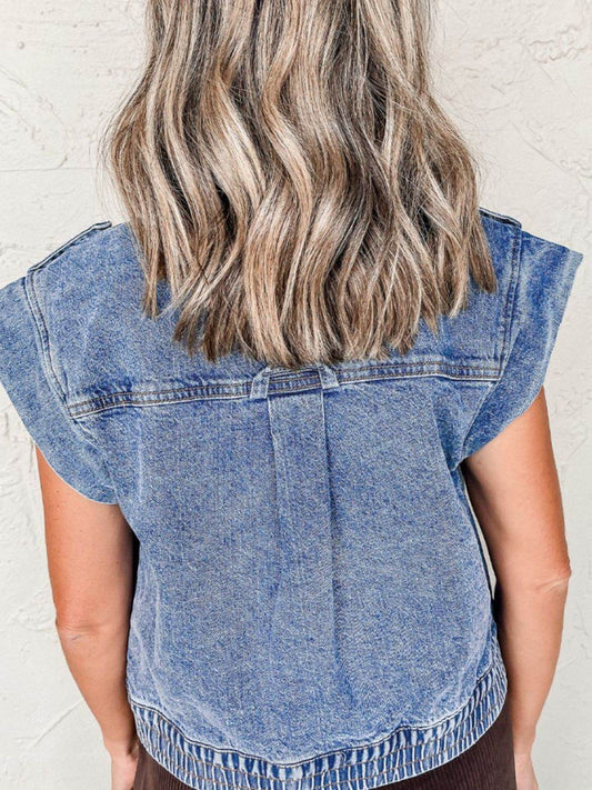 Button Up Cap Sleeve Denim Jacket - Hovatok