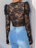 Perfee Lace V-Neck Long Sleeve Bodysuit - Hovatok