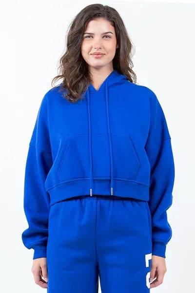 American Bazi Letter Graphic Long Sleeve Drawstring Cropped Hoodie - Hovatok