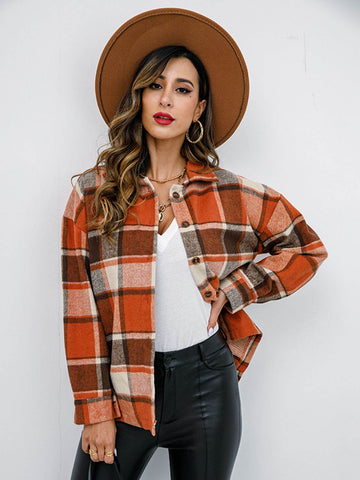 Shiny Plaid Button Up Collared Neck Jacket - Hovatok