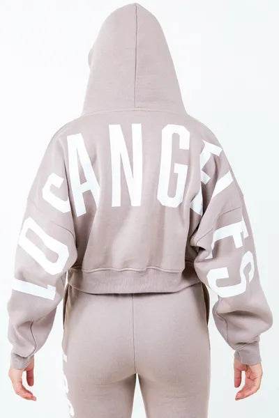 American Bazi Letter Graphic Long Sleeve Drawstring Cropped Hoodie - Hovatok