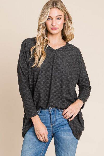 BOMBOM Checkered Long Sleeve V-Neck T-Shirt - Hovatok