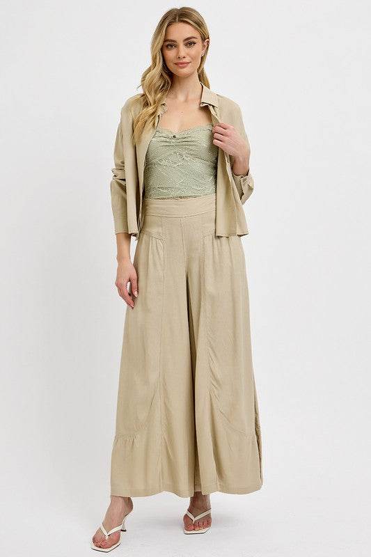 RISEN Shirring Detail Wide Leg Pants - Hovatok
