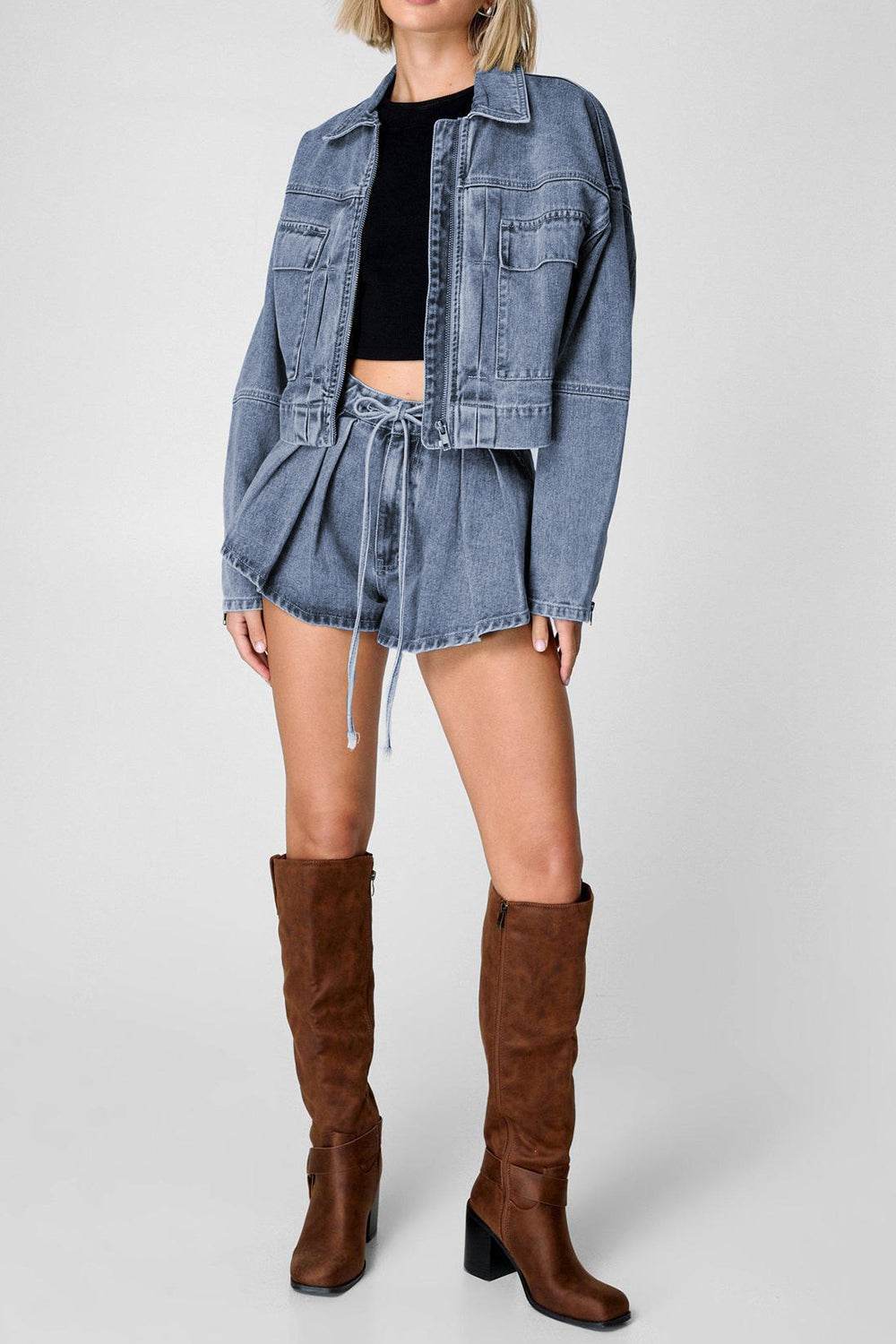 Zip Up Jacket and Drawstring Shorts Denim Set - Hovatok