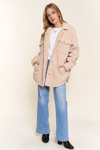 And The Why Teddy Sherpa Button Down Curved Hem Shacket - Hovatok