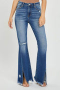 RISEN Full Size High Rise Front Slit Frayed Hem Flare Jeans - Hovatok