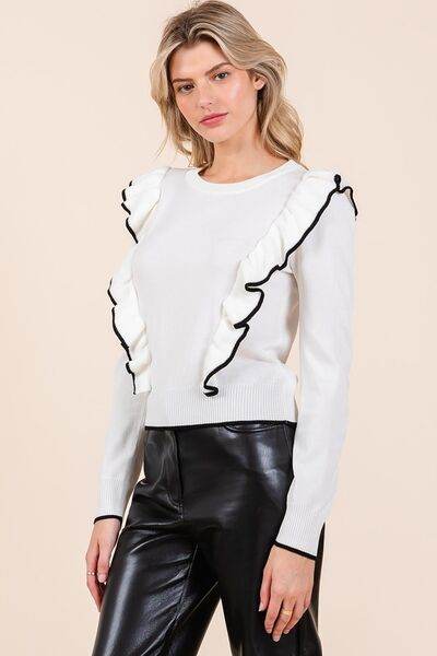 Mittoshop Contrast Trim Ruffled Round Neck Knit Top - Hovatok