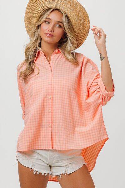 BiBi Plaid Button Up Dolman Sleeve Shirt - Hovatok