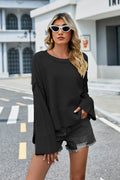 High-Low Slit Round Neck Long Sleeve Sweater - Hovatok