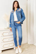 Baeful Leopard Floral Distressed Raw Hem Denim Jacket - Hovatok