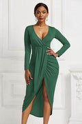 High-low Ruched Surplice Long Sleeve Dress - Hovatok
