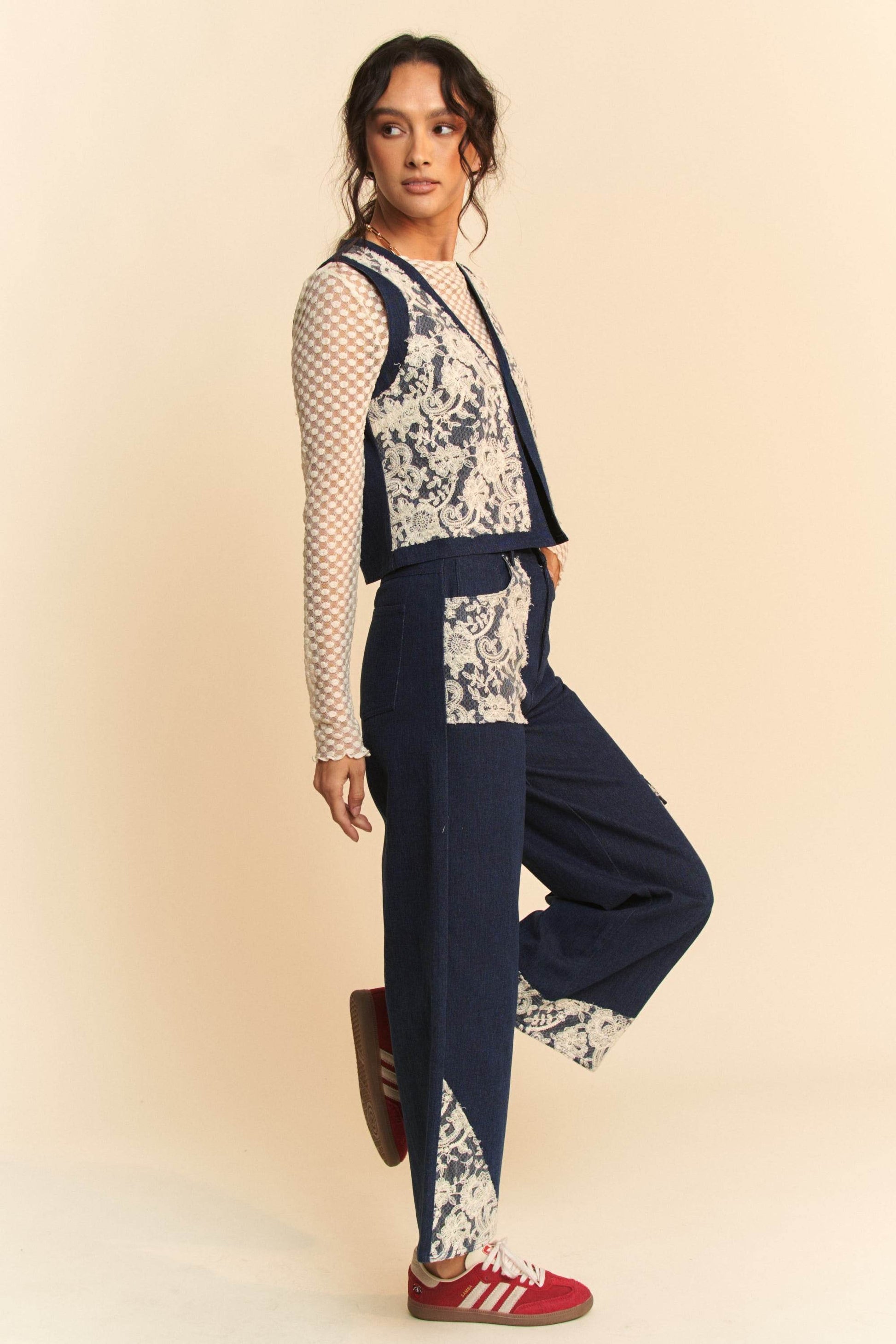Davi & Dani Lace Patch Open Front Denim Vest - Hovatok