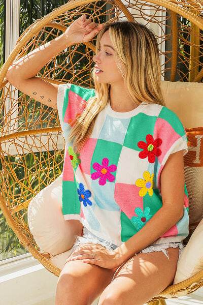 BiBi Flower Patch Checkered Sweater Vest - Hovatok