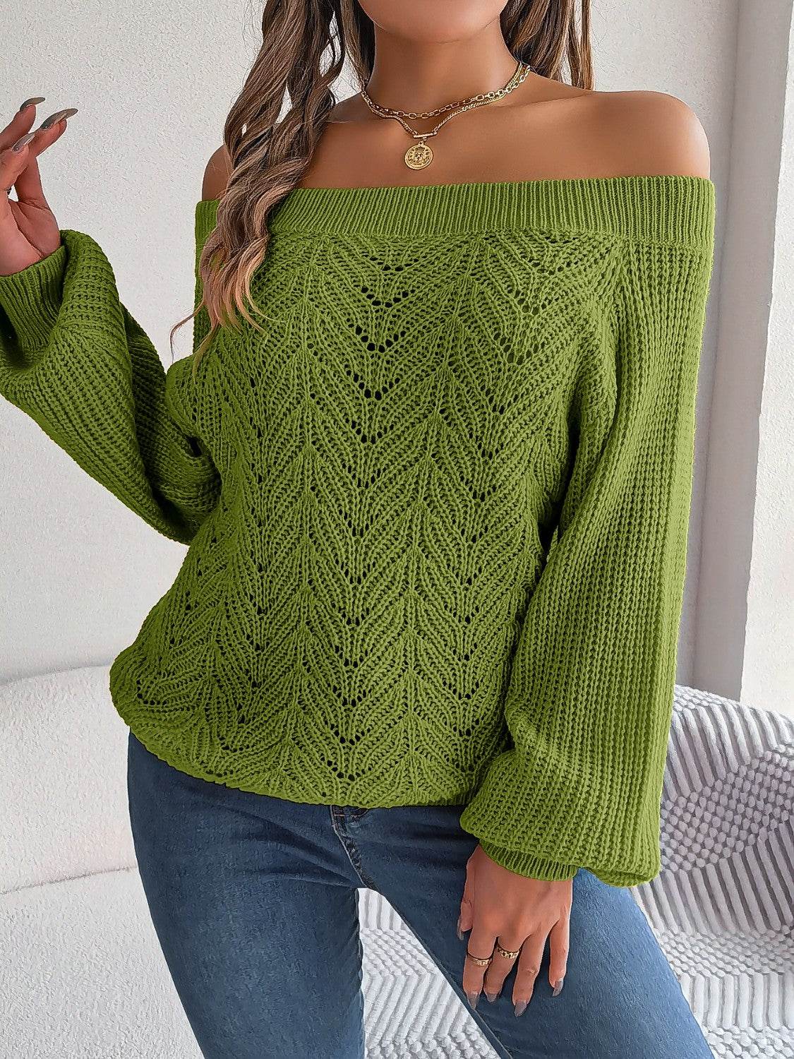 Openwork Off-Shoulder Long Sleeve Sweater - Hovatok