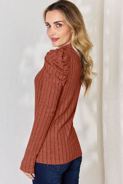 Basic Bae Full Size Ribbed Mock Neck Puff Sleeve T-Shirt - Hovatok